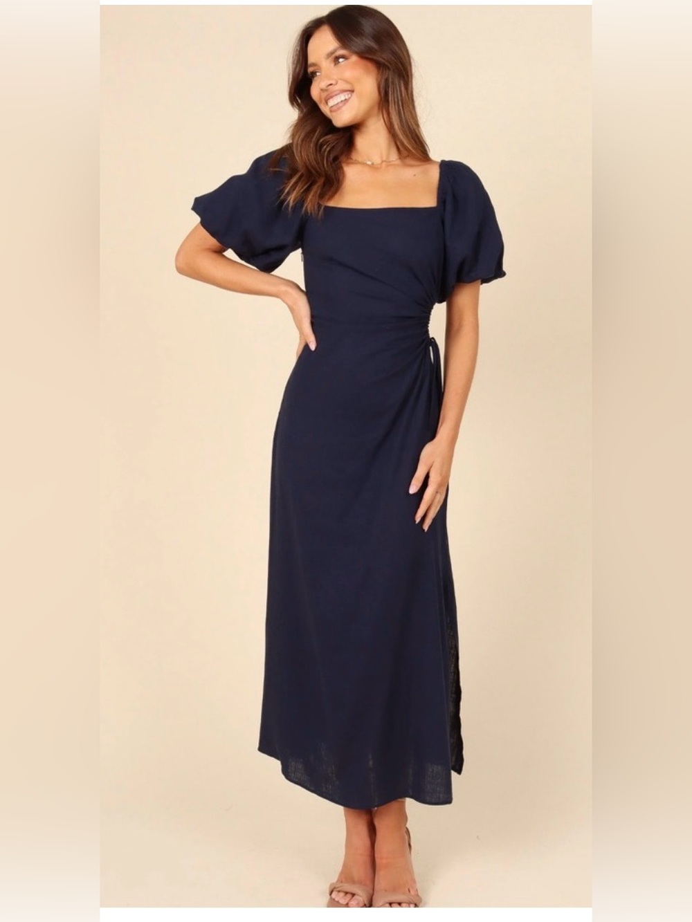 Petal + Pup Chloe Cut-Out Dress Linen Blend Puff Sleeve Midi , Small - Picture 2 of 13